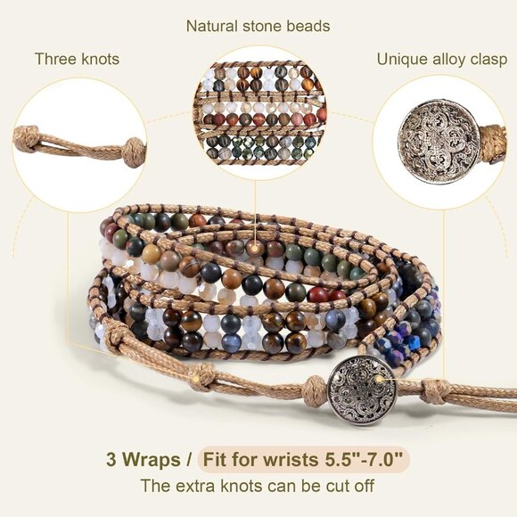 Boho Beaded Wrap Bracelet Natural Stones Brown Adjustable Gift for Women - Picture 3 of 9
